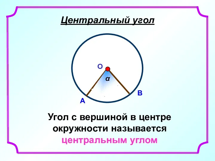 Центральный угол Угол с вершиной в центре окружности называется центральным углом
