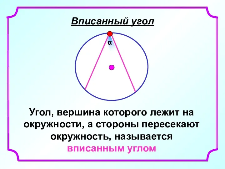 Вписанный угол Угол, вершина которого лежит на окружности, а стороны пересекают окружность, называется вписанным углом