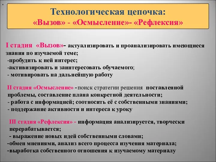 Технологическая цепочка: «Вызов» - «Осмысление»- «Рефлексия» " I стадия «Вызов»-