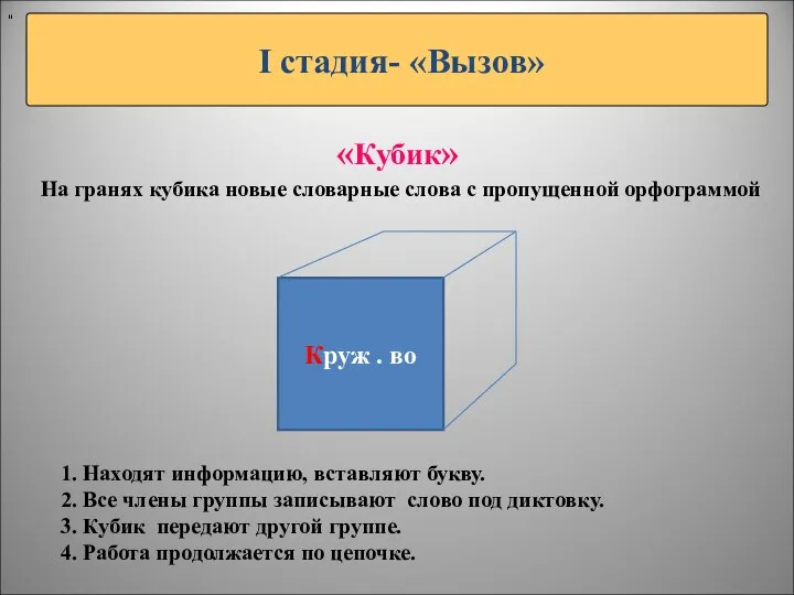 I стадия- «Вызов» " Круж . во На гранях кубика