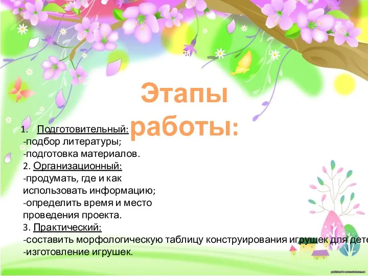 Этапы работы: Подготовительный: -подбор литературы; -подготовка материалов. 2. Организационный: -продумать,