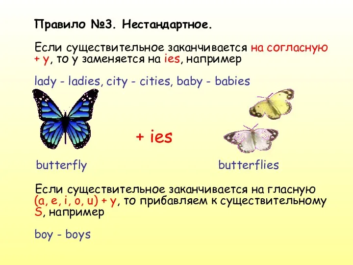 Правило №3. Нестандартное. Если существительное заканчивается на согласную + y,