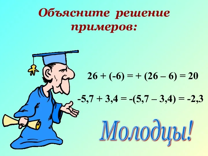 Объясните решение примеров: 26 + (-6) = + (26 –