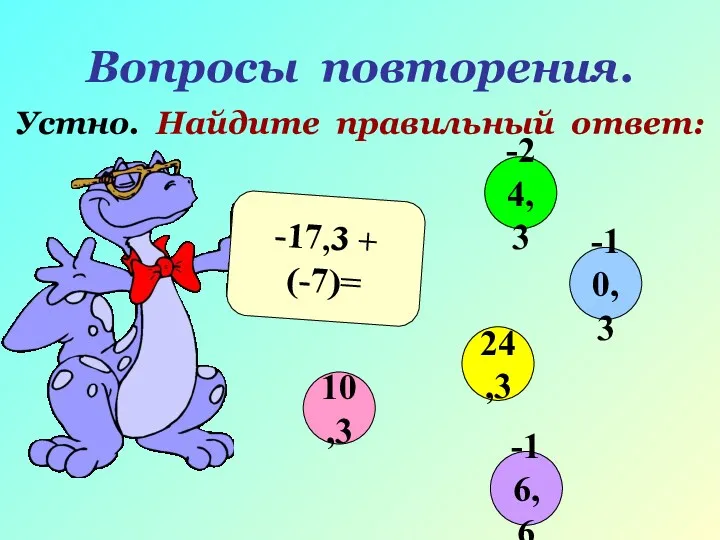 Вопросы повторения. Устно. Найдите правильный ответ: -17,3 + (-7)= 10,3 -10,3 24,3 -24,3 -16,6