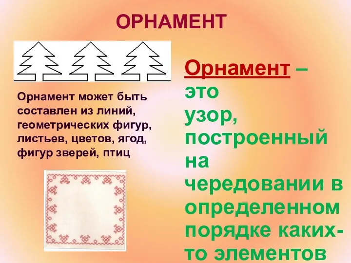 ОРНАМЕНТ Орнамент – это узор, построенный на чередовании в определенном порядке каких-то элементов