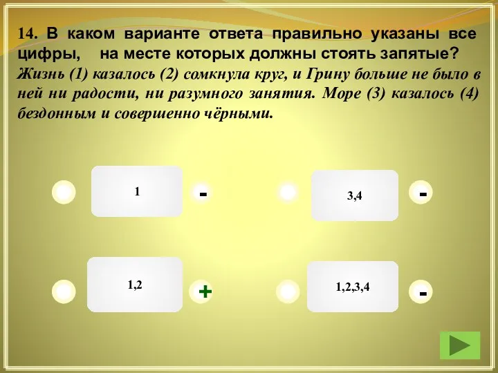 1 3,4 1,2,3,4 1,2 - - + - 14. В