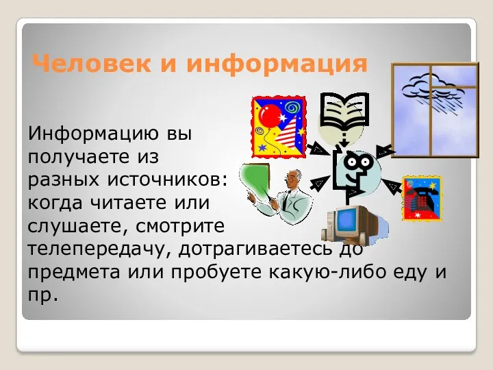 Человек и информация Информацию вы получаете из разных источников: когда читаете или слушаете,