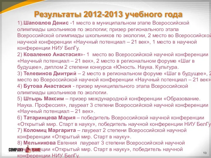 Результаты 2012-2013 учебного года 1).Шаповлов Денис -1 место в муниципальном этапе Всероссийской олимпиады