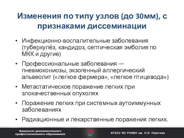 Изменения по типу узлов (до 30мм), с признаками диссеминации Инфекционно-воспалительные