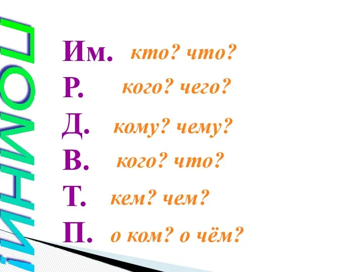 ПОМНИ! Им. Р. Д. В. Т. П. кто? что? кого?