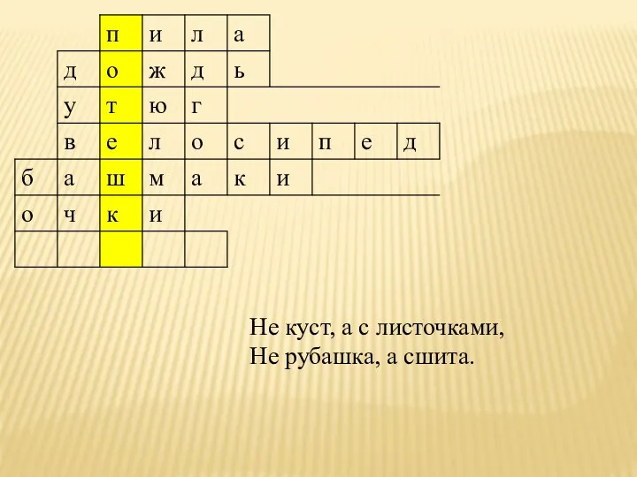 Не куст, а с листочками, Не рубашка, а сшита.