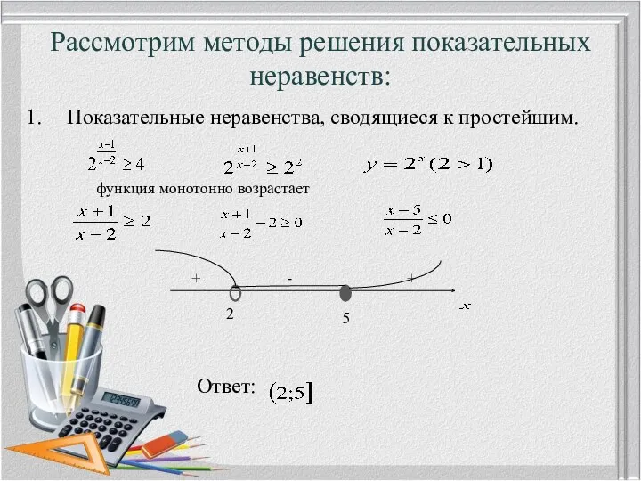 Рассмотрим методы решения показательных неравенств: Показательные неравенства, сводящиеся к простейшим. Ответ: 2 5