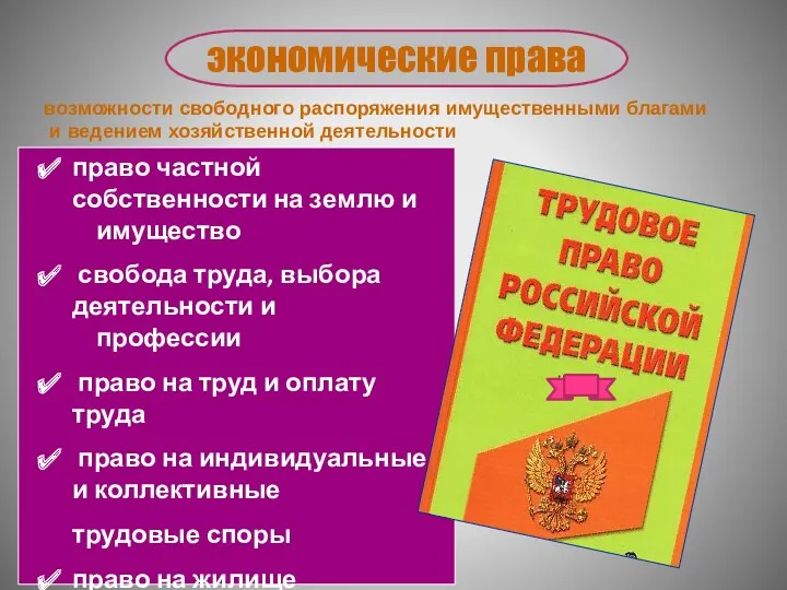 экономические права возможности свободного распоряжения имущественными благами и ведением хозяйственной