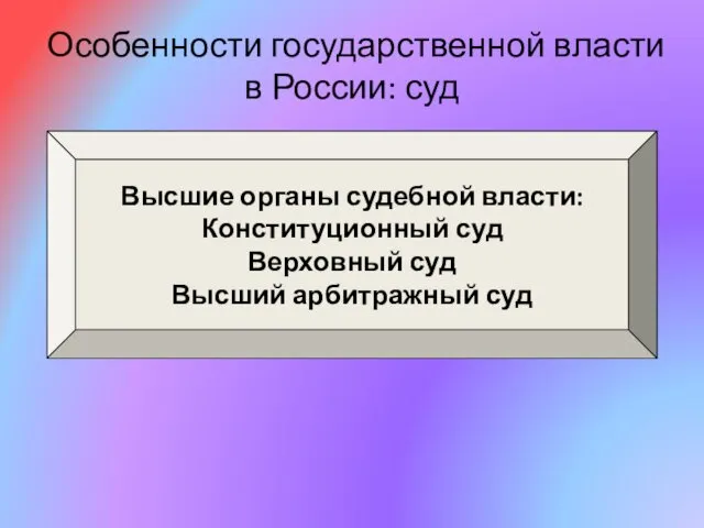 Особенности государственной власти в России: суд Высшие органы судебной власти: