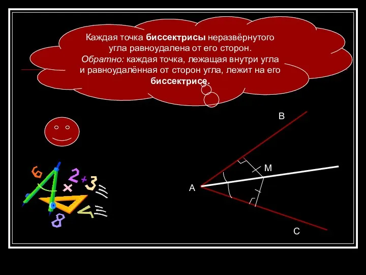 Каждая точка биссектрисы неразвёрнутого угла равноудалена от его сторон. Обратно: