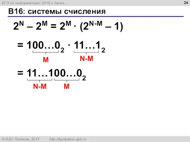 B16: системы счисления 2N – 2M = 2M · (2N-M