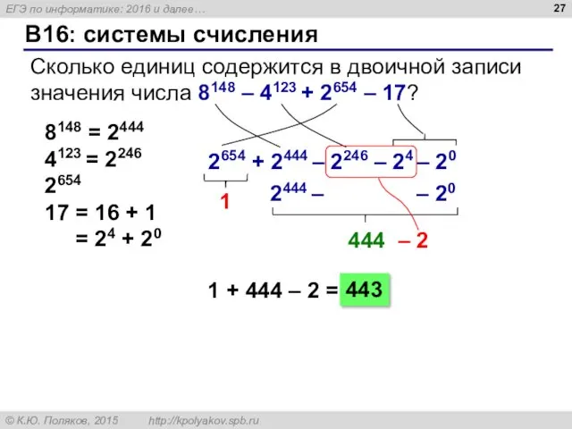 B16: системы счисления Сколько единиц содержится в двоичной записи значения