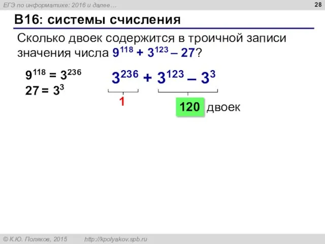 B16: системы счисления Сколько двоек содержится в троичной записи значения