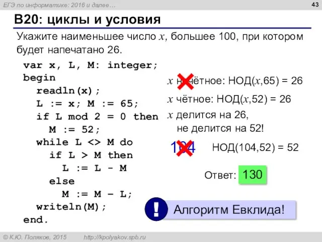 B20: циклы и условия Укажите наименьшее число x, большее 100,