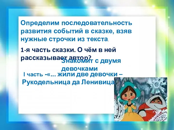 Определим последовательность развития событий в сказке, взяв нужные строчки из текста. 1-я часть