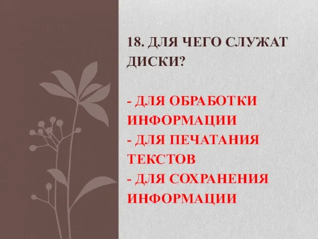 18. ДЛЯ ЧЕГО СЛУЖАТ ДИСКИ? - ДЛЯ ОБРАБОТКИ ИНФОРМАЦИИ -