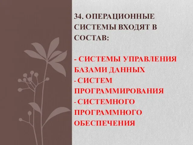 34. ОПЕРАЦИОННЫЕ СИСТЕМЫ ВХОДЯТ В СОСТАВ: - СИСТЕМЫ УПРАВЛЕНИЯ БАЗАМИ