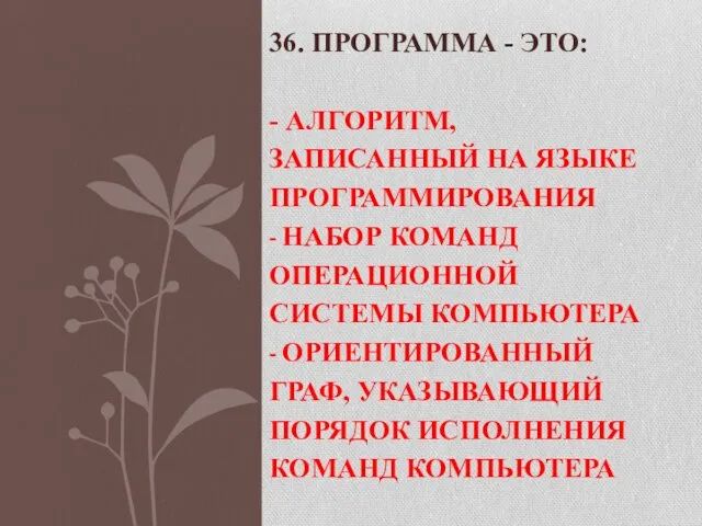 36. ПРОГРАММА - ЭТО: - АЛГОРИТМ, ЗАПИСАННЫЙ НА ЯЗЫКЕ ПРОГРАММИРОВАНИЯ