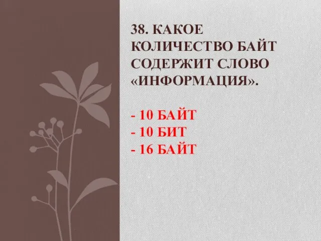 38. КАКОЕ КОЛИЧЕСТВО БАЙТ СОДЕРЖИТ СЛОВО «ИНФОРМАЦИЯ». - 10 БАЙТ - 10 БИТ - 16 БАЙТ