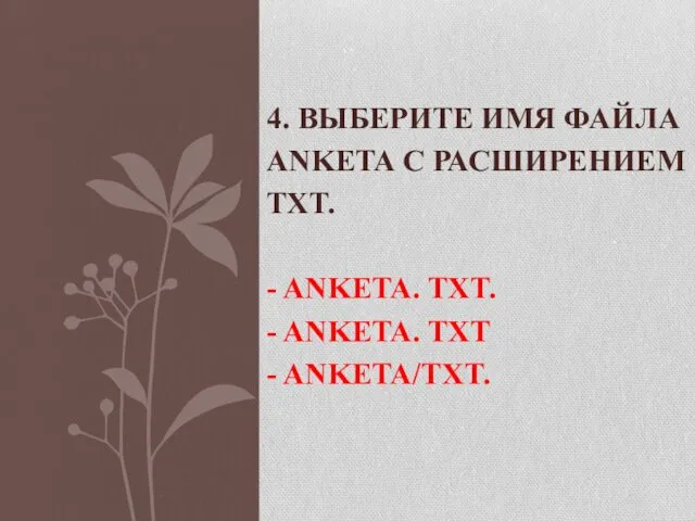 4. ВЫБЕРИТЕ ИМЯ ФАЙЛА ANKETA С РАСШИРЕНИЕМ TXT. - ANKETA. TXT. - ANKETA. TXT - ANKETA/TXT.