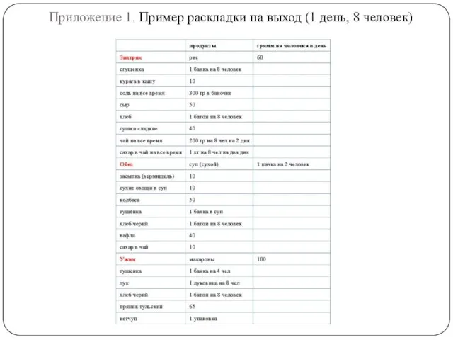 Приложение 1. Пример раскладки на выход (1 день, 8 человек)