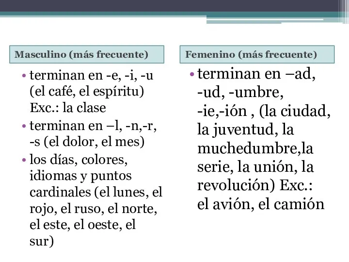 Masculino (más frecuente) Femenino (más frecuente) terminan en -e, -i,