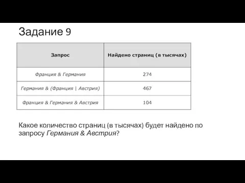 Задание 9 Какое количество страниц (в тысячах) будет найдено по запросу Германия & Австрия?