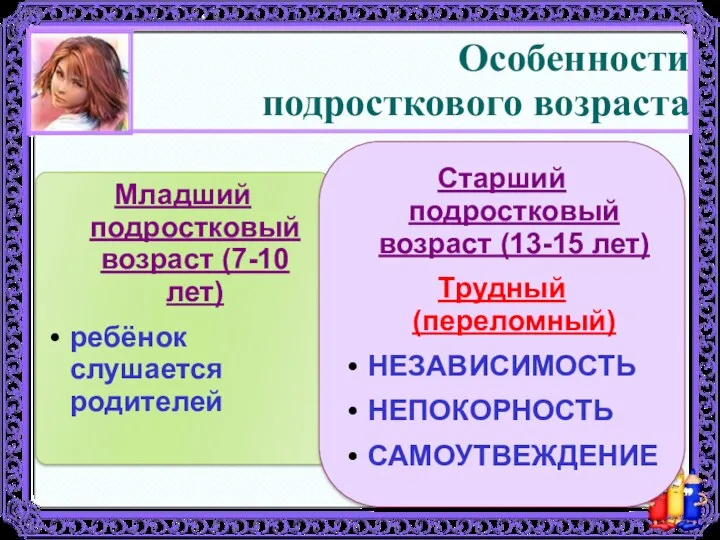 Особенности подросткового возраста Младший подростковый возраст (7-10 лет) ребёнок слушается