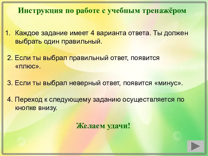 Инструкция по работе с учебным тренажёром Каждое задание имеет 4