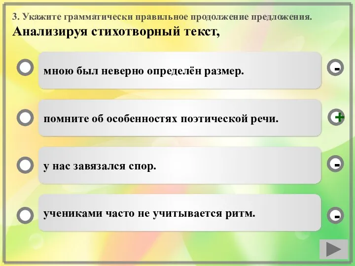 3. Укажите грамматически правильное продолжение предложения. Анализируя стихотворный текст, мною