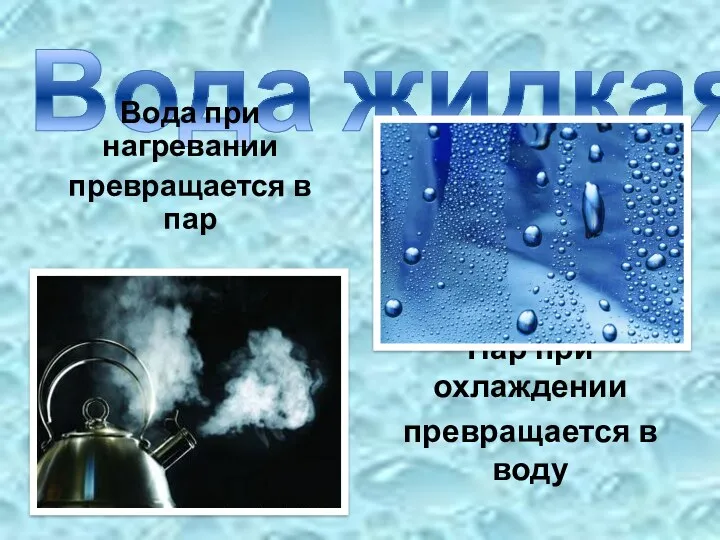 Вода жидкая Вода при нагревании превращается в пар Пар при охлаждении превращается в воду
