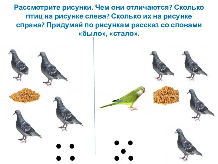 Рассмотрите рисунки. Чем они отличаются? Сколько птиц на рисунке слева?