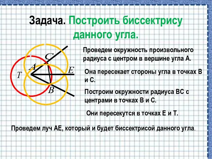 Задача. Построить биссектрису данного угла. Проведем окружность произвольного радиуса с центром в вершине