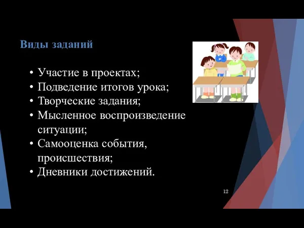 Виды заданий Участие в проектах; Подведение итогов урока; Творческие задания;