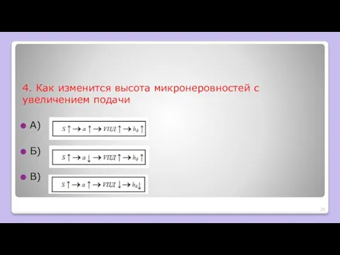 4. Как изменится высота микронеровностей с увеличением подачи А) Б) В)