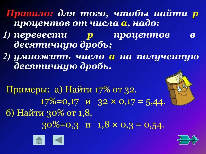 Правило: для того, чтобы найти р процентов от числа a, надо: перевести р