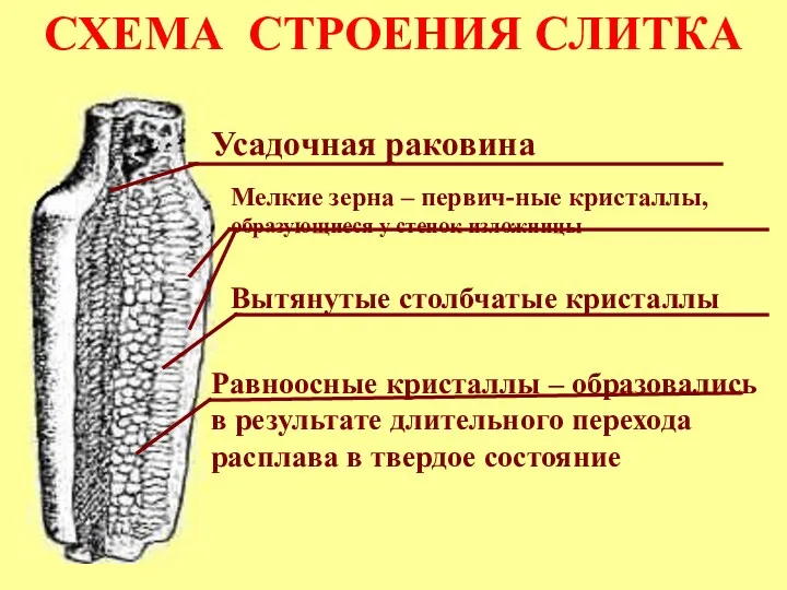 СХЕМА СТРОЕНИЯ СЛИТКА Мелкие зерна – первич-ные кристаллы, образующиеся у