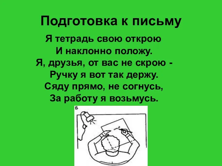 Подготовка к письму Я тетрадь свою открою И наклонно положу.