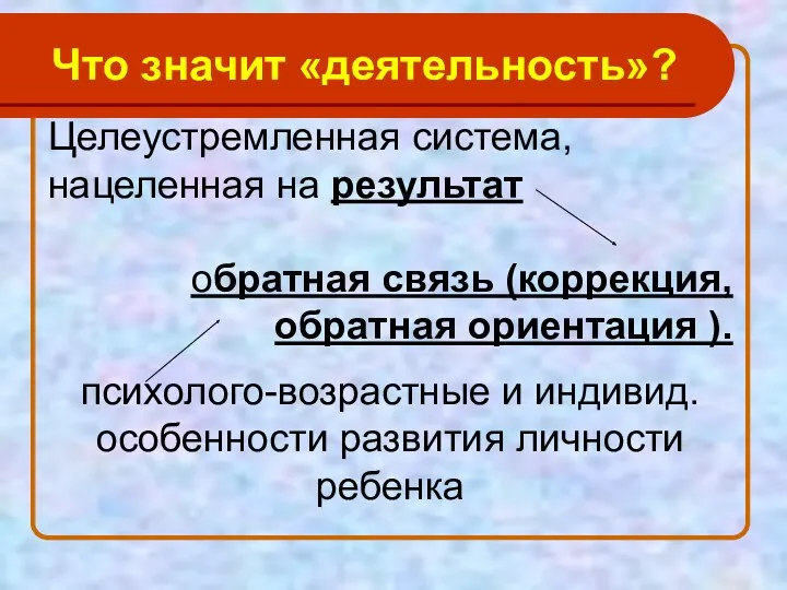 Что значит «деятельность»? Целеустремленная система, нацеленная на результат обратная связь (коррекция, обратная ориентация