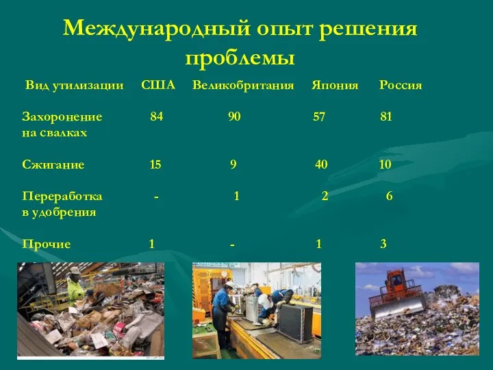 Международный опыт решения проблемы Вид утилизации США Великобритания Япония Россия