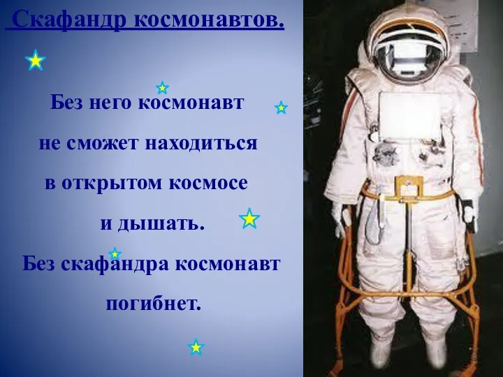 Скафандр космонавтов. Без него космонавт не сможет находиться в открытом космосе и дышать.