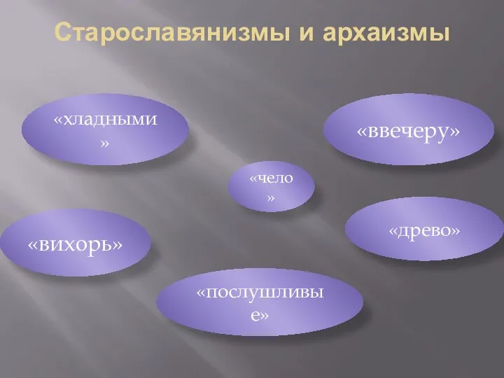 Старославянизмы и архаизмы «хладными» «ввечеру» «вихорь» «послушливые» «древо» «чело»