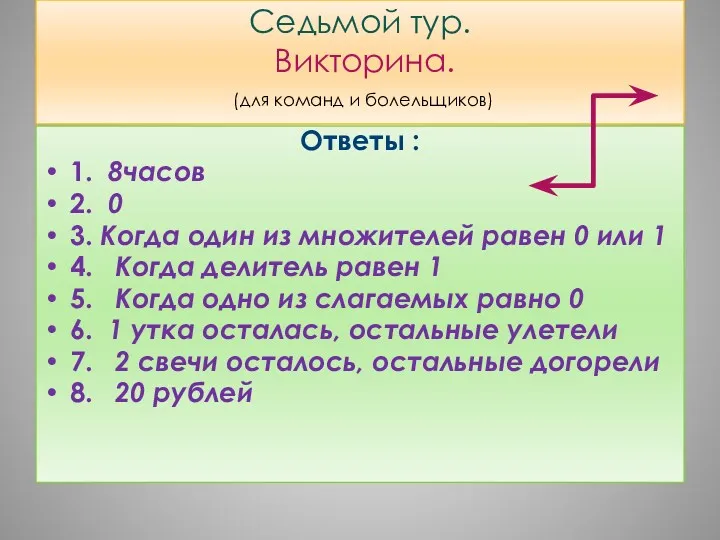 Седьмой тур. Викторина. (для команд и болельщиков) Ответы : 1. 8часов 2. 0