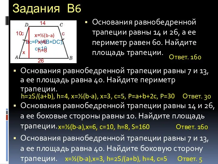 Задания В6 Основания равнобедренной трапеции равны 14 и 26, а ее периметр равен