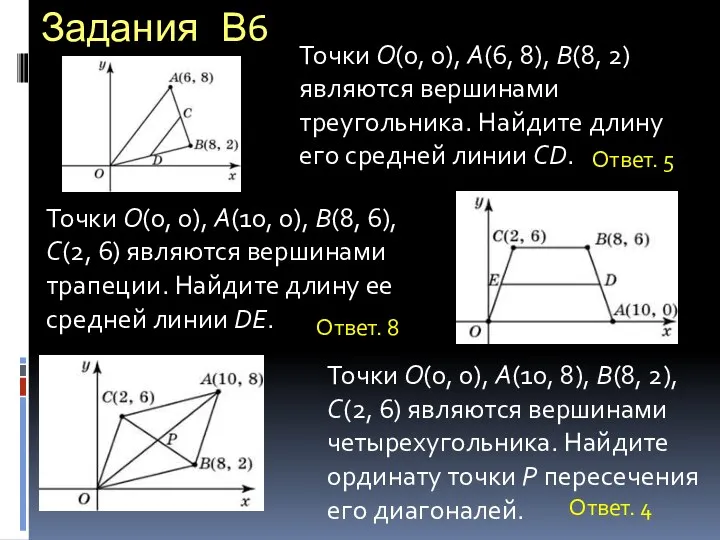 Задания В6 Точки O(0, 0), A(6, 8), B(8, 2) являются вершинами треугольника. Найдите